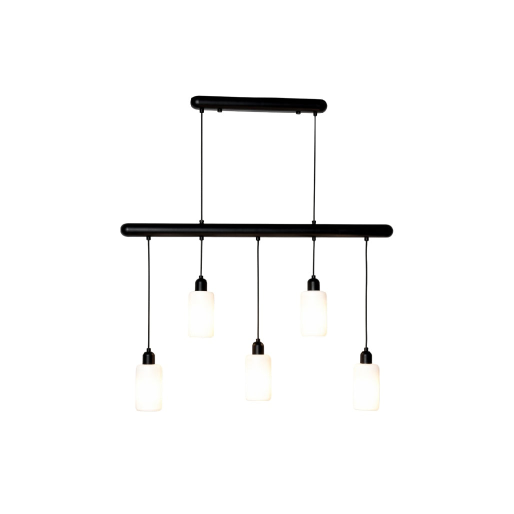 "Moderne Hanglamp met Vijf Glas Lichthouders en Zwart Frame"