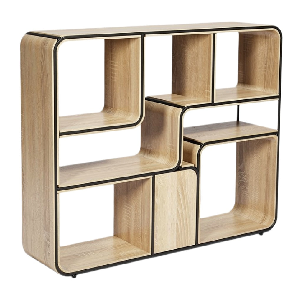 Moderne houten opbergmeubel met unieke indeling en zwarte accenten