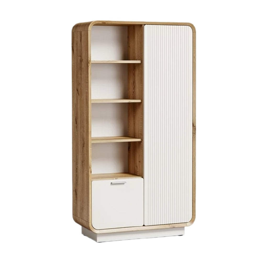 "Moderne Houten Kast met Open Schappen en Lades"