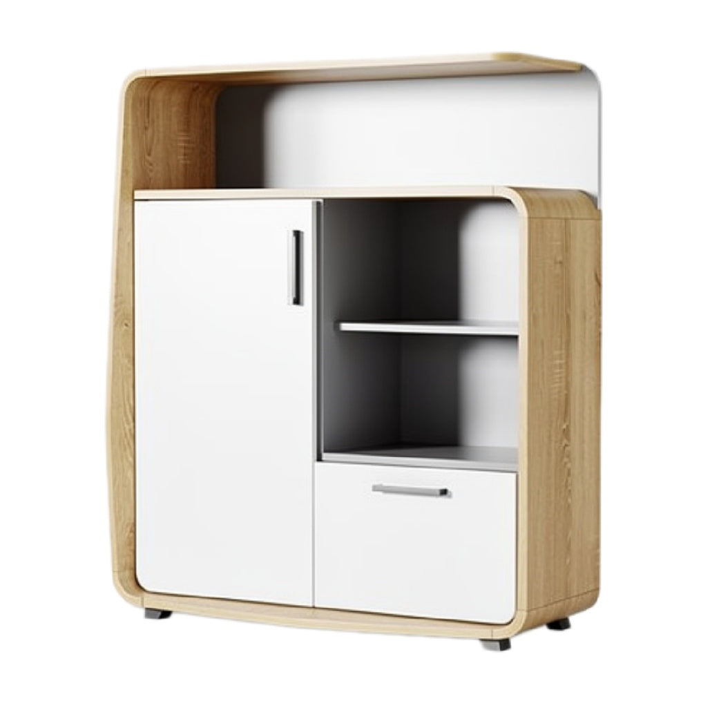Moderne witte en houten kast met planken en deurtjes