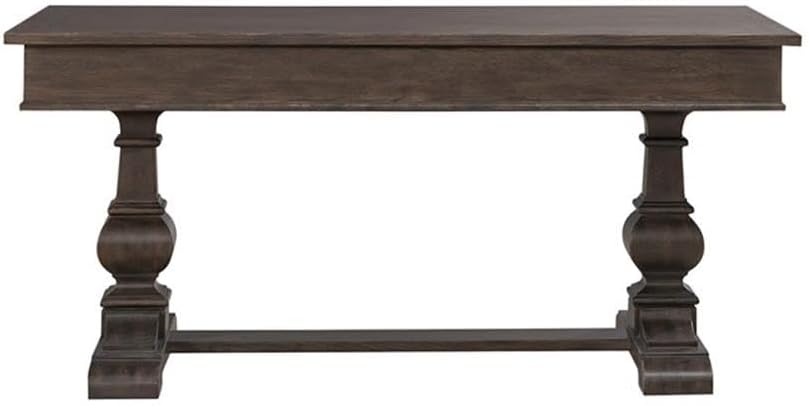 Pemberly Row 2-Piece Desk Set, Brown Finish, Writing Desk and Credenza, Full Extension Dovetail Drawers, Bead Molding, Durable Office Furniture for Home Study or Bedroom Work Area