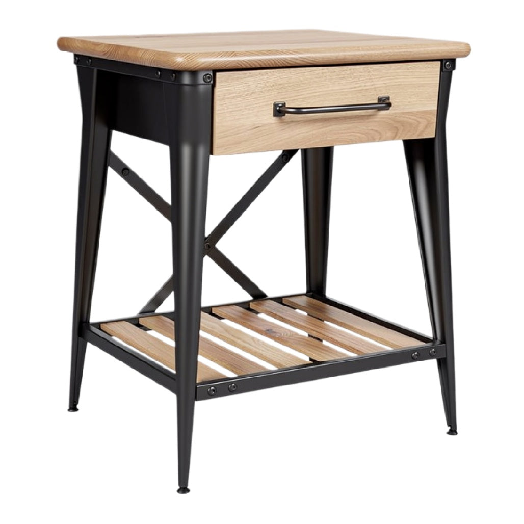 Stoere nachtkast met houten blad en metalen frame