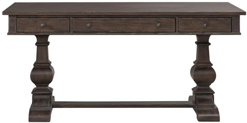 Pemberly Row 2-Piece Desk Set, Brown Finish, Writing Desk and Credenza, Full Extension Dovetail Drawers, Bead Molding, Durable Office Furniture for Home Study or Bedroom Work Area