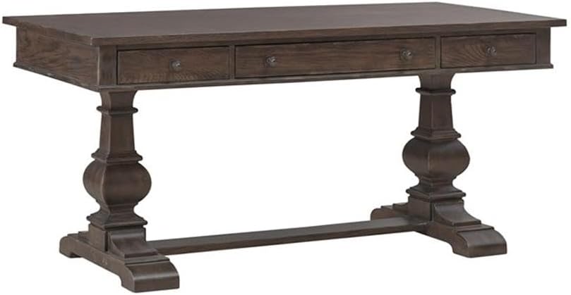 Pemberly Row 2-Piece Desk Set, Brown Finish, Writing Desk and Credenza, Full Extension Dovetail Drawers, Bead Molding, Durable Office Furniture for Home Study or Bedroom Work Area