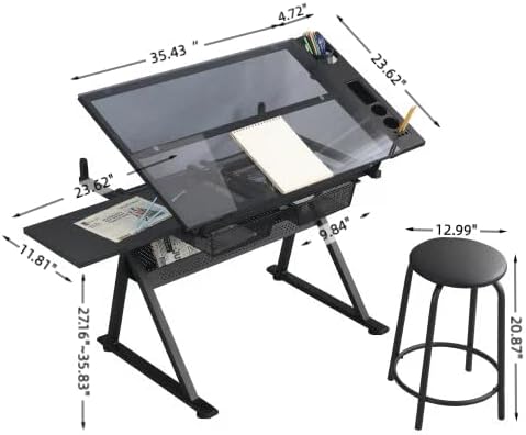 Drafting Table with Stool and Storage, Adjustable Drawing Desk with Metal Drawers, Extended Craft Table Diamond Painting Work Station, Tilting Art Desk for Home Office, Crafting & Painting, Black