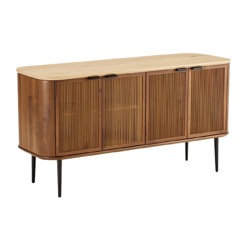 Technische Titel: "Moderne Houten Dressoirkast met Geperforeerde Deuren en Zwarte Poten"