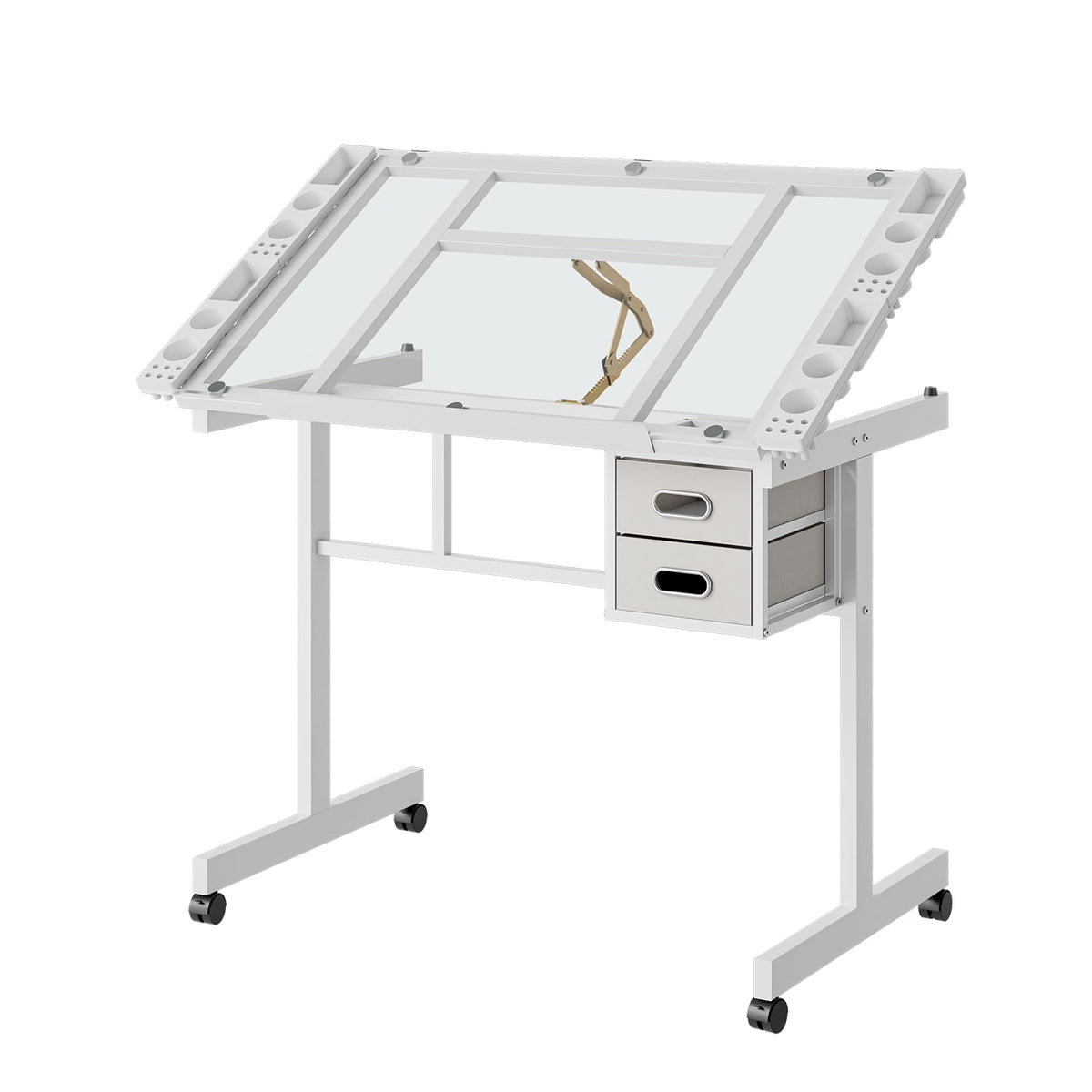 Height Adjustable Drafting Art Table for Adults, White Tempered Glass Drafting Drawing Printing Table Desk with Stool, 0-75Â° Tilting Tabletop Art Drawing Table for Drawing,Hand Crank