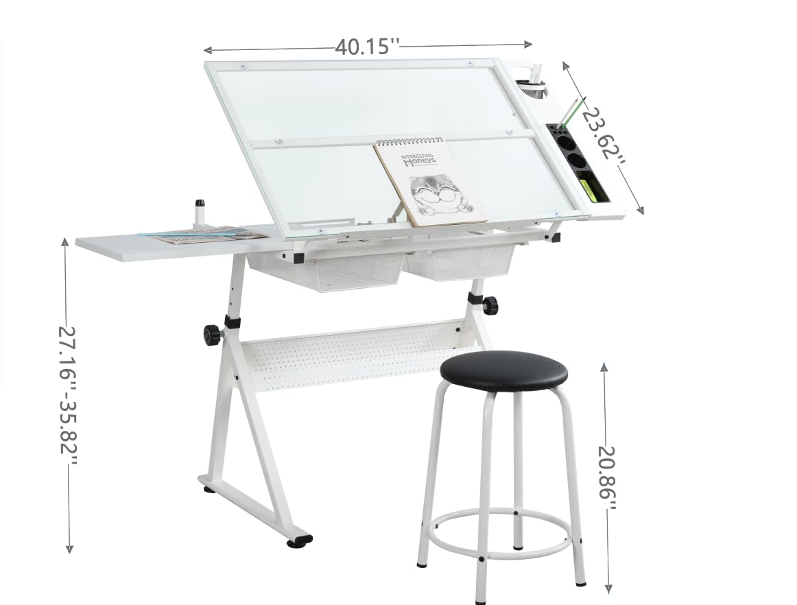 Drafting Table with Stool and Storage, Adjustable Drawing Desk with Metal Drawers, Extended Craft Table Diamond Painting Work Station, Tilting Art Desk for Home Office, Crafting & Painting, Black