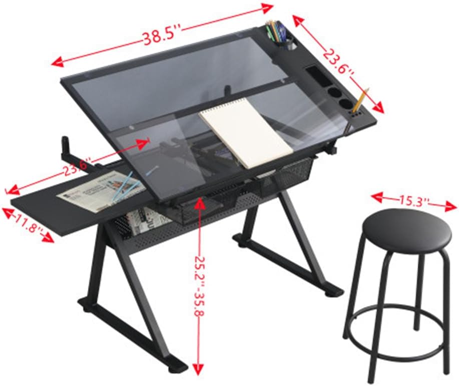 Drafting Table w/Stool, Height Adjustable Multifunctional Drawing Table