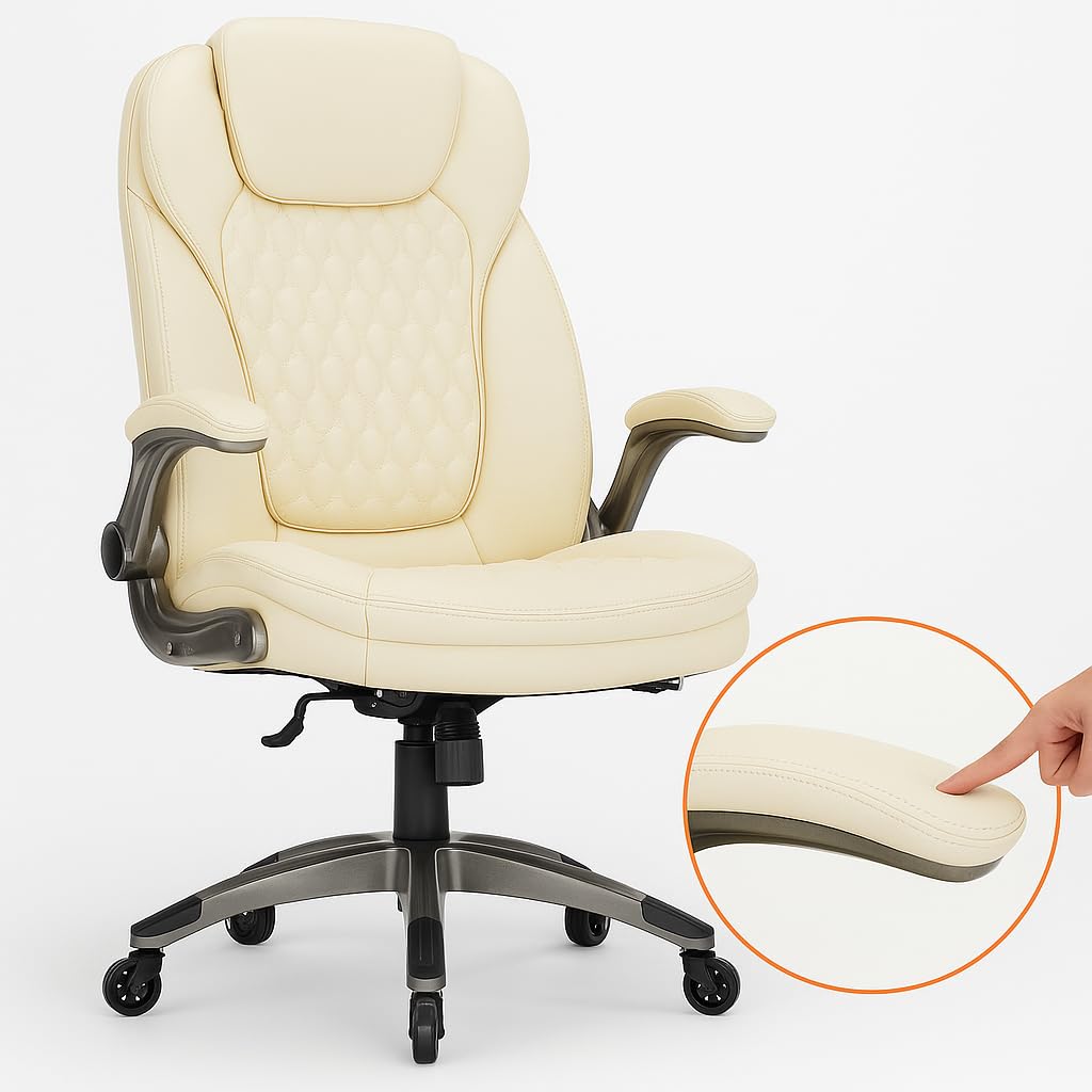 COLAMY High Back Executive Office Chairs, Ergonomic PU Leather Desk Chairs with Flip-Up Armrests, Adjustable Height, Lumbar Support, Comfortable Computer Chairs for Home Office, Set of 2
