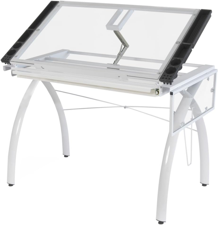 SD Studio Designs 10096 Futura Station with Folding Shelf Top Adjustable Drafting Craft Drawing Hobby Table Writing Studio Desk with Drawer, 35.5'' W x 23.75'' D, White/Clear Glass