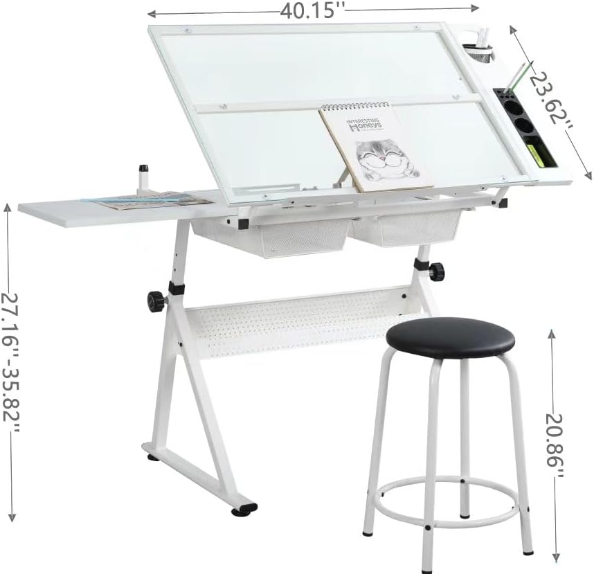White Drafting Table with Stool Height Adjustable Art Craft Desk with Storage, Tilting Tempered Glass Tabletop, Expansion Board, Drawing Table for Home Office, Artists, Painters