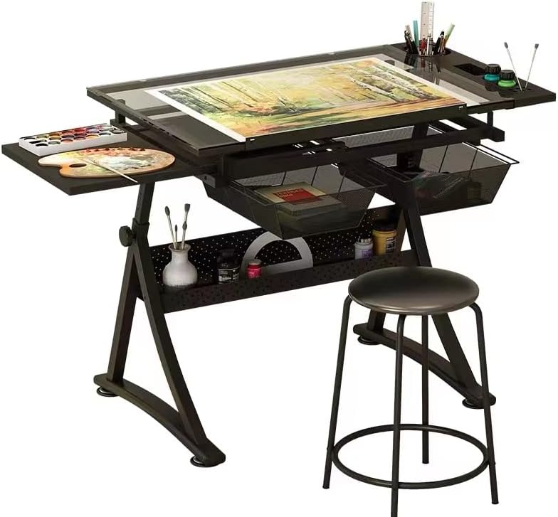 Glass Drafting Table Art Desk â Adjustable Professhional Artwork Drawing Drafting Table Desk, Glass-Topped Art Table for Craft Station Studio Home Office School w/Drawers (Black)