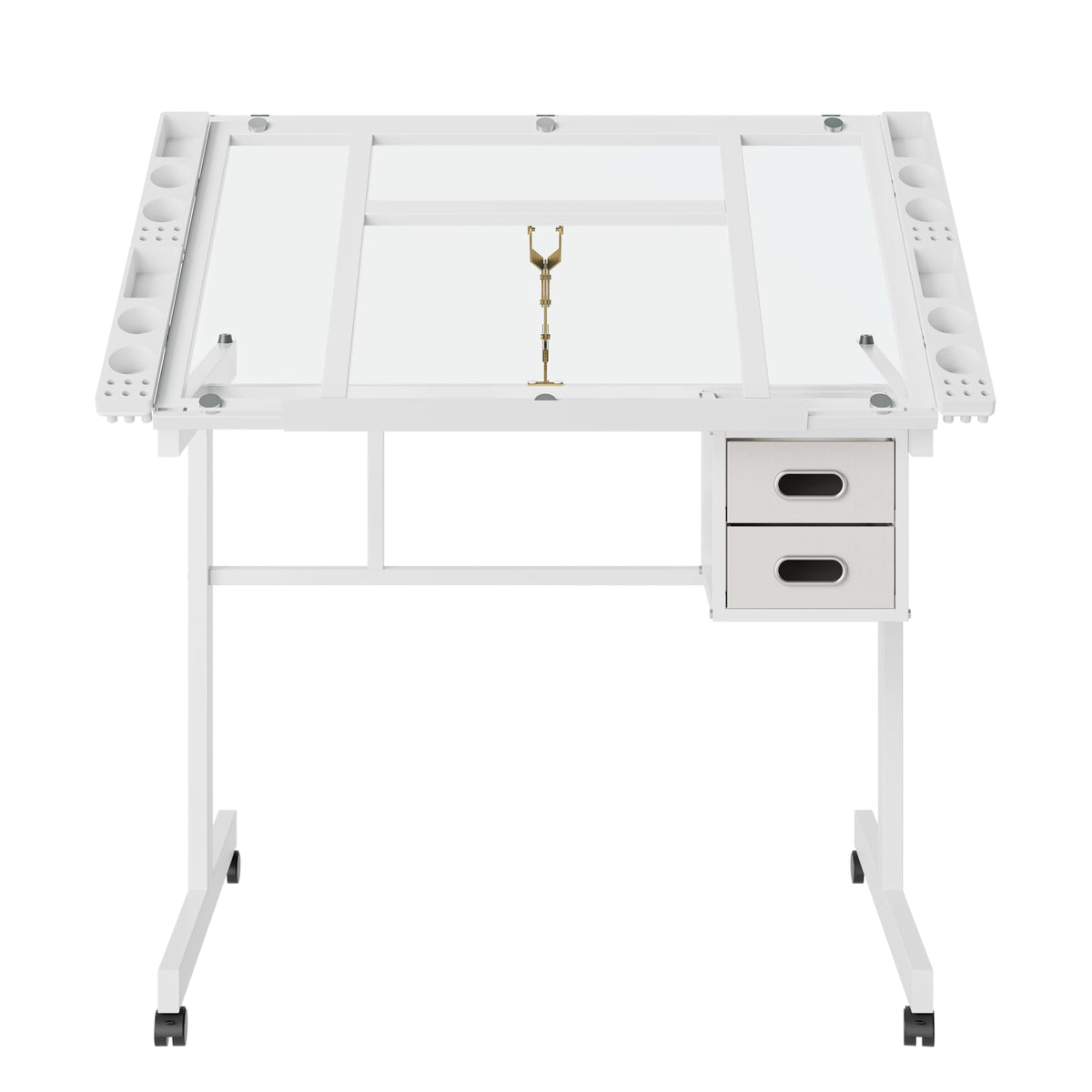 White Drafting Table with Stool, Height Adjustable Art Craft Desk with Tilting Tempered Glass Tabletop, Expansion Board, Multi-Storage, Drawing Table for Studio, Artists, Home Office, Painters, White