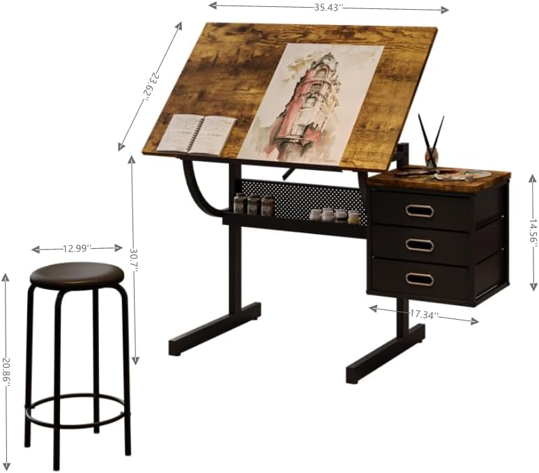 Montary Adjustable-Height Drafting Table with Stool Set - Professional Tilting Art Desk for Drawing, Crafting & Design, Featuring 3 Storage Drawers & Ergonomic Workstation (Rustic Brown)