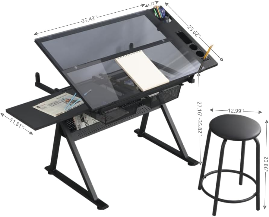 Drafting Table Desk Art Table â Glass Drawing Painting Table Craft Station Studio Adjustable Art Desk for Adults tilt able for Home Office (Black, 27.16''- 35.82'' H)