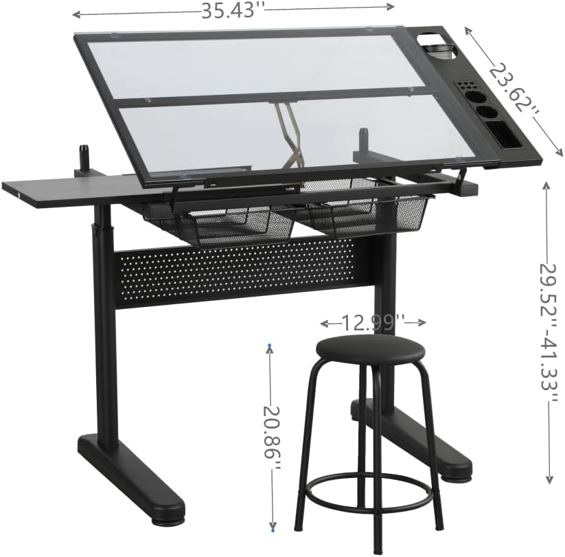 Glass Craft Table Drawing Desk â Drafting Tables Hobby Table Writing Studio Art Artist Desk with Adjustable Tilted Tabletop (Black-Newer)