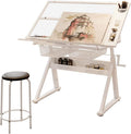 Glass Drafting Table Art Desk,Modern Minimalist Bar Chairs and Bar Stools with Can Rotate 360 Tilted Tabletop with Chair and Drawers for Craft Station Studio Home Office Schoo