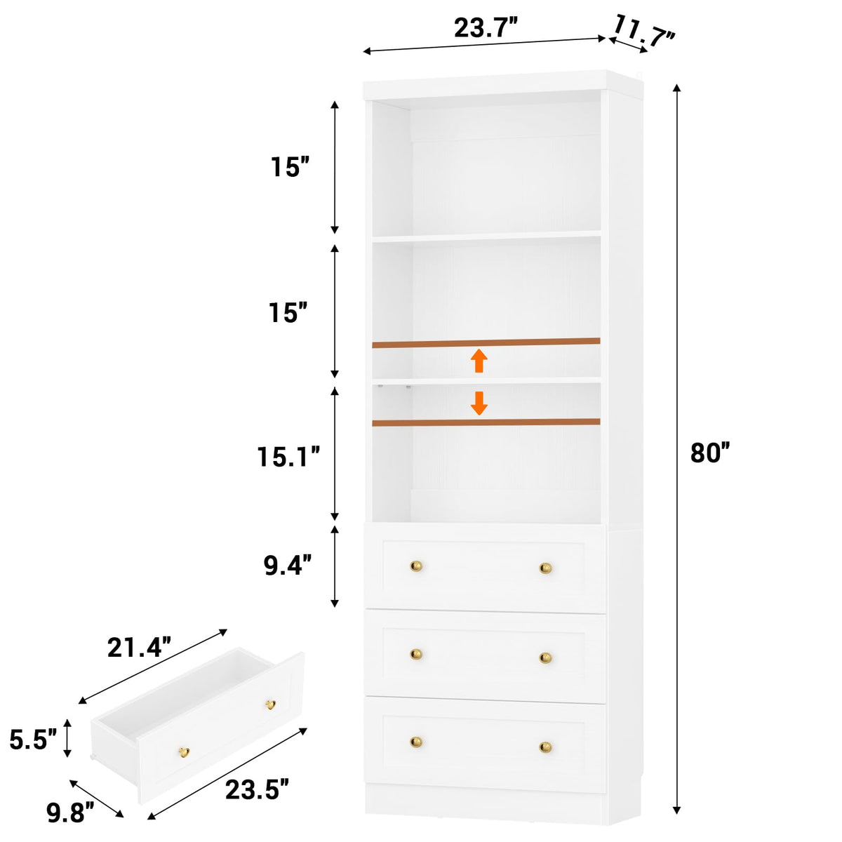 Cyclysio 80" Bookshelf with 3 Drawers and Baseboard Cutout, Set of 2