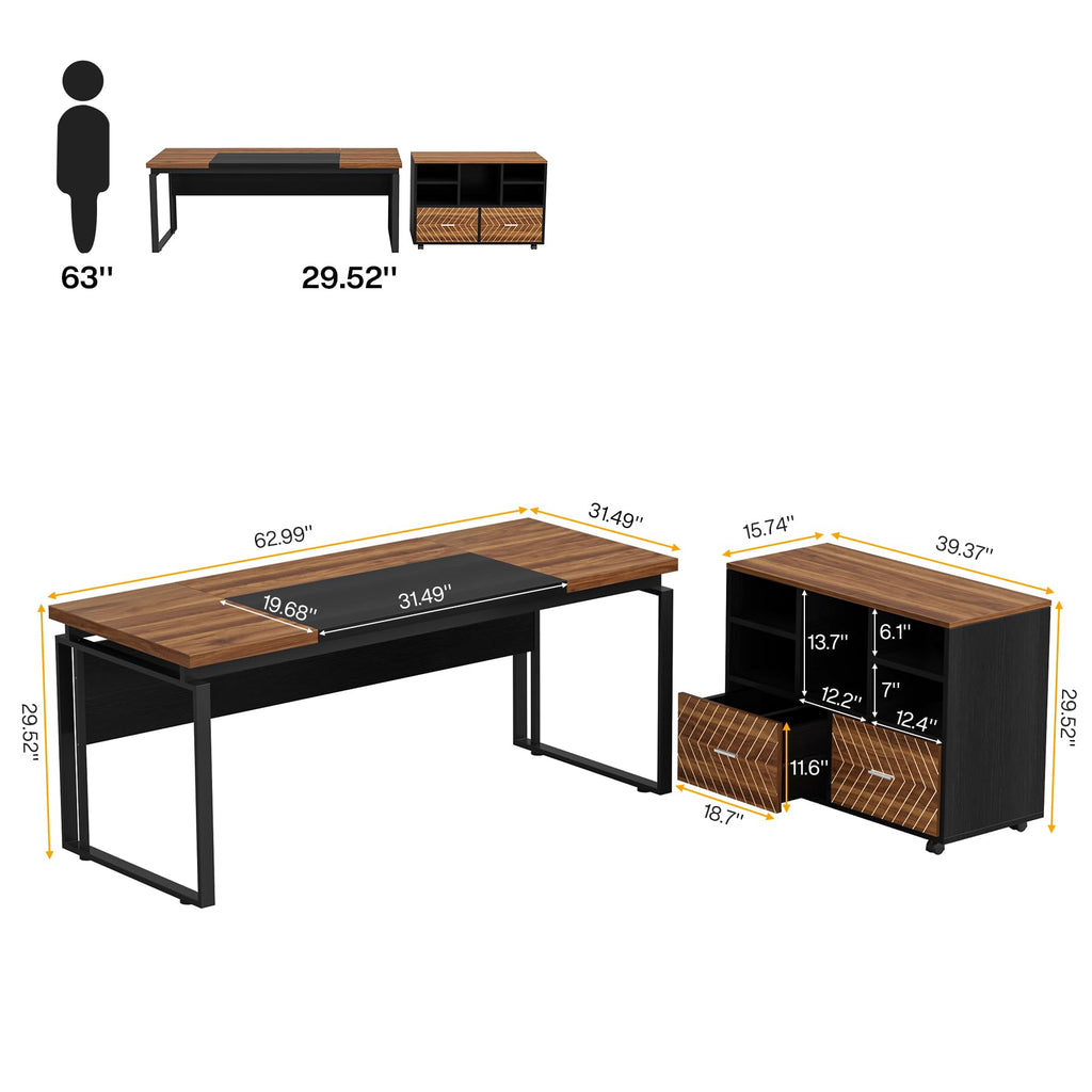 Tribesigns L-Shaped Executive Desk with Reversible File Cabinet, 63" Office Desk with Storage Drawers, Computer Desk Set (Oak Karo & White)