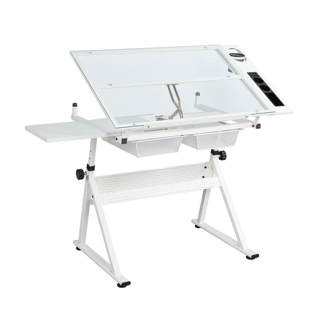 GarveeHome Drafting Table w/Stool, Height Adjustable Multifunctional Art Craft Artists Desk Tilting Glass Tabletop Diamond Paintings Work Station w/2 Storage Drawers for Home Office (Black-1)
