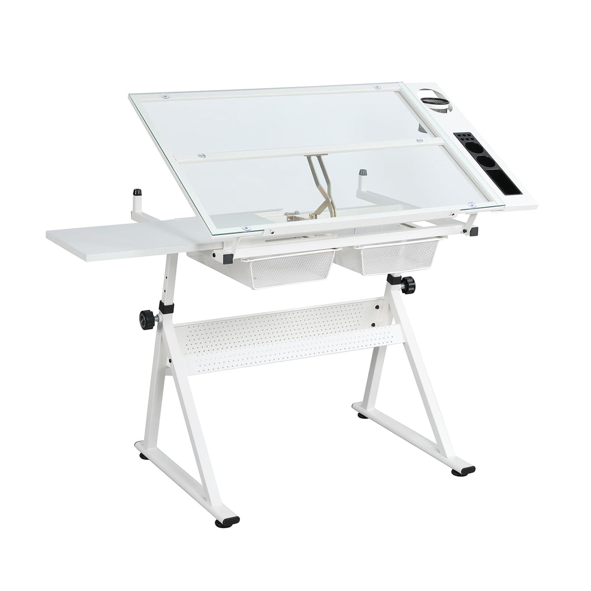 GarveeHome Drafting Table w/Stool, Height Adjustable Multifunctional Art Craft Artists Desk Tilting Glass Tabletop Diamond Paintings Work Station w/2 Storage Drawers for Home Office (Black-1)
