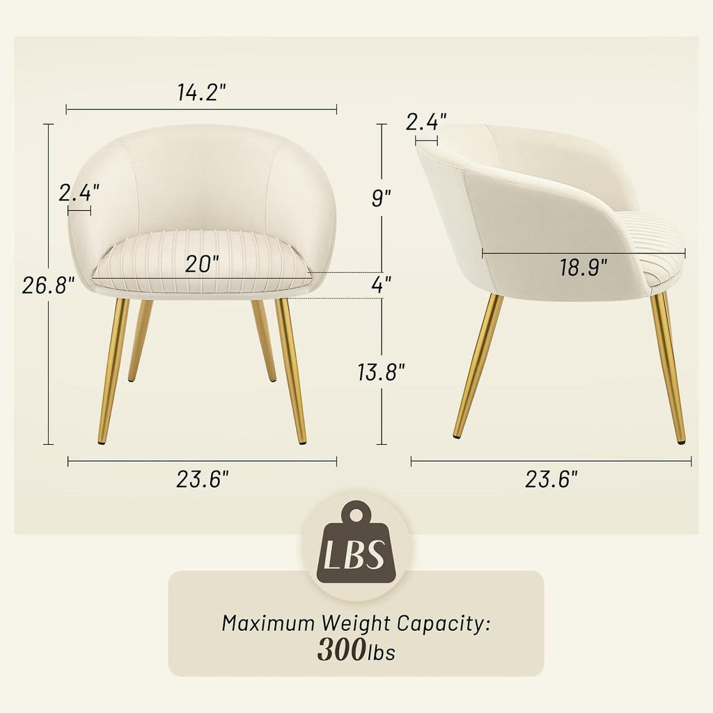 Accent Velvet Makeup Vanity Chairs Set of 2 Boucle Modern Tufted Girls Desk Chair No Wheels with Gold Metal Legs, 20" Extra Wide Armchair for Bedroom Bathroom Dining Room Living Room, Cream Beige