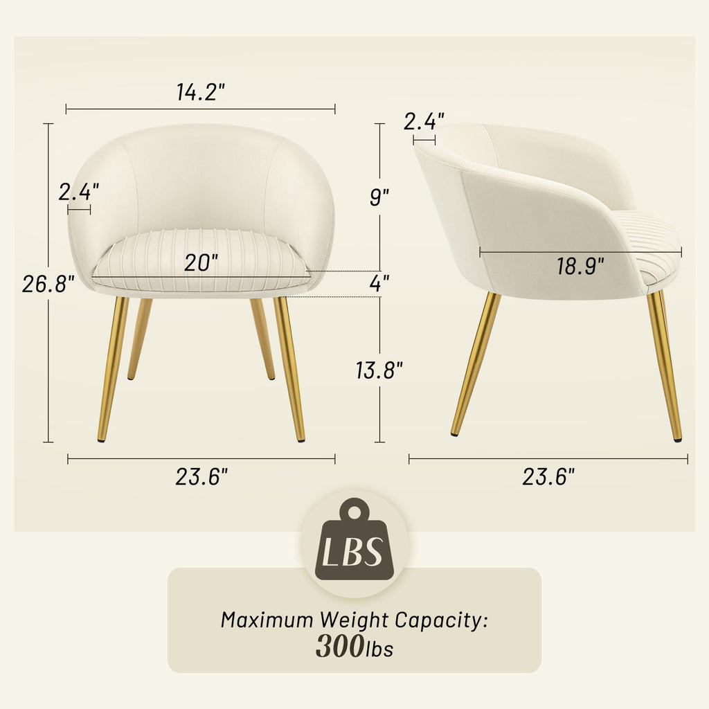 Accent Velvet Makeup Vanity Chairs Set of 2 Boucle Modern Tufted Girls Desk Chair No Wheels with Gold Metal Legs, 20" Extra Wide Armchair for Bedroom Bathroom Dining Room Living Room, Cream Beige