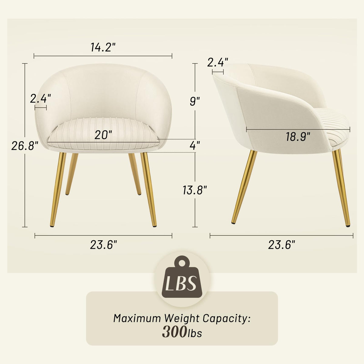 Accent Velvet Makeup Vanity Chairs Set of 2 Boucle Modern Tufted Girls Desk Chair No Wheels with Gold Metal Legs, 20" Extra Wide Armchair for Bedroom Bathroom Dining Room Living Room, Cream Beige
