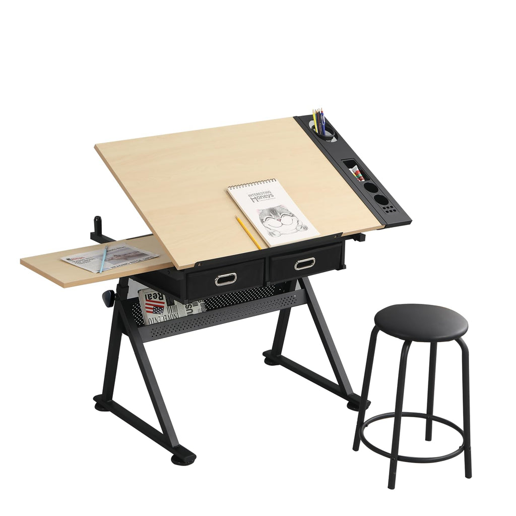 Height Adjustable Drafting Art Table for Adults, White Tempered Glass Drafting Drawing Printing Table Desk with Stool, 0-75Â° Tilting Tabletop Art Drawing Table for Drawing,Hand Crank