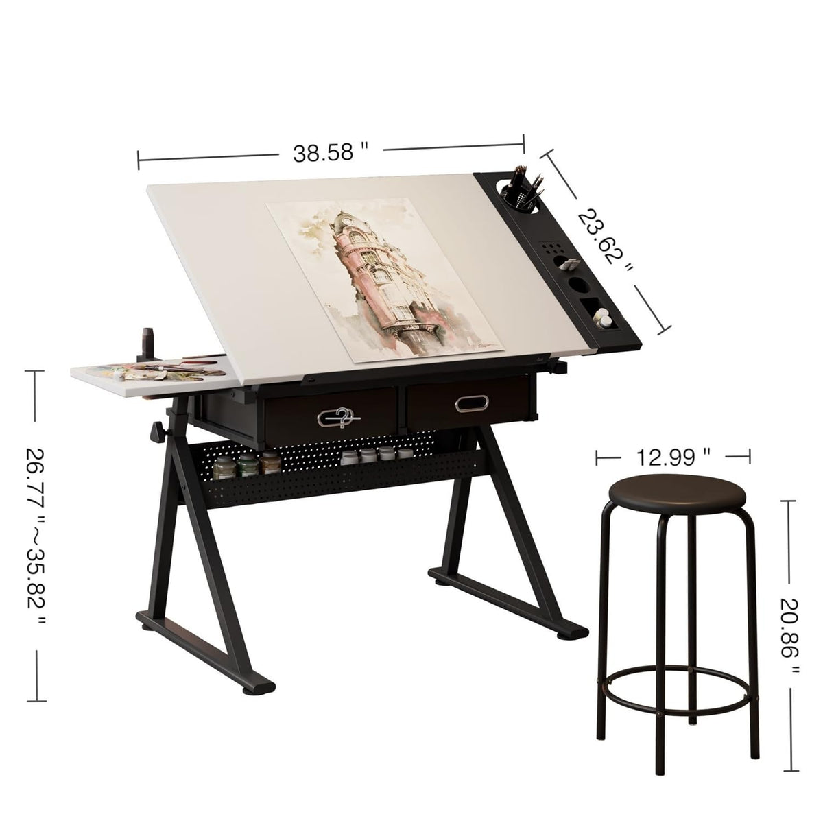 Drafting Table, Height Adjustable Art Table with Stool,T1-All White