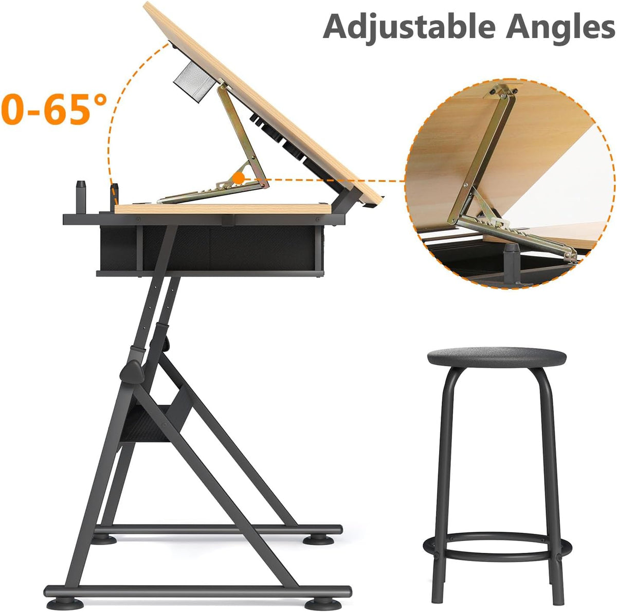 OS MOTOR Adjustable Height Drafting Table with Wood Top, Art Craft Desk with Slide-Out Drawers, Storage, for Drawing, Writing, Painting, and Creative Tasks, Ideal for Home Office, Natural