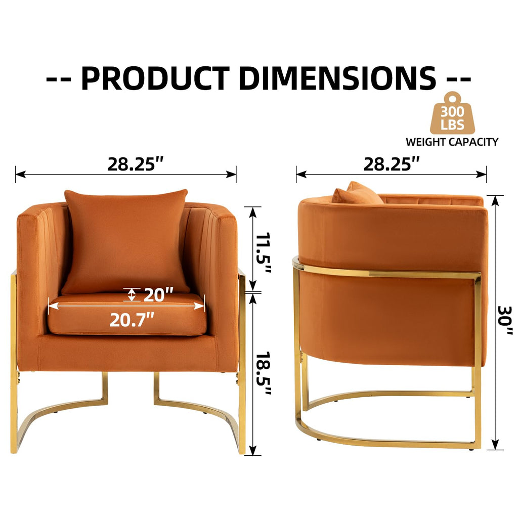 Velvet Accent Barrel Chairs Set of 2, Modern Arm Club Chair Set with Pillow for Living Room/Bedroom/Guest Reception, Channel Tufted, Gold Finish Base, Orange