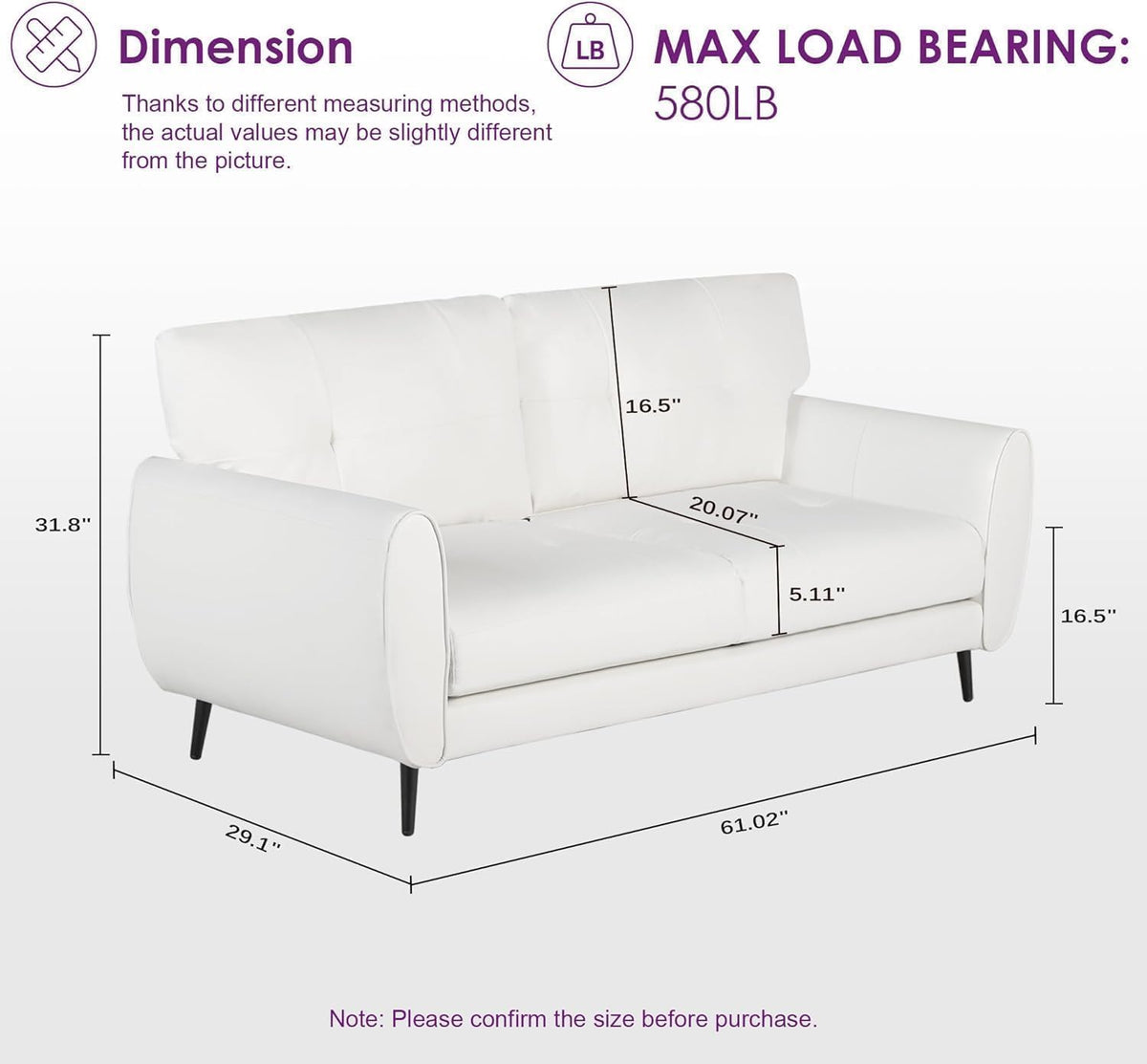 TYBOATLE 2 Piece Furniture Sets, Small Loveseat for Living Room, White Faux Leather Couch Mid Century Modern Tufted Mini Sofa Comfy Office 2 Seat Love Seat for Small Spaces Bedroom