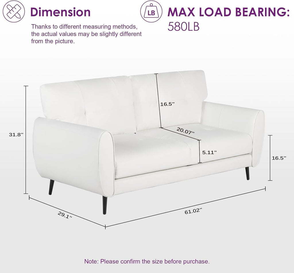 TYBOATLE 2 Piece Furniture Sets, Small Loveseat for Living Room, White Faux Leather Couch Mid Century Modern Tufted Mini Sofa Comfy Office 2 Seat Love Seat for Small Spaces Bedroom