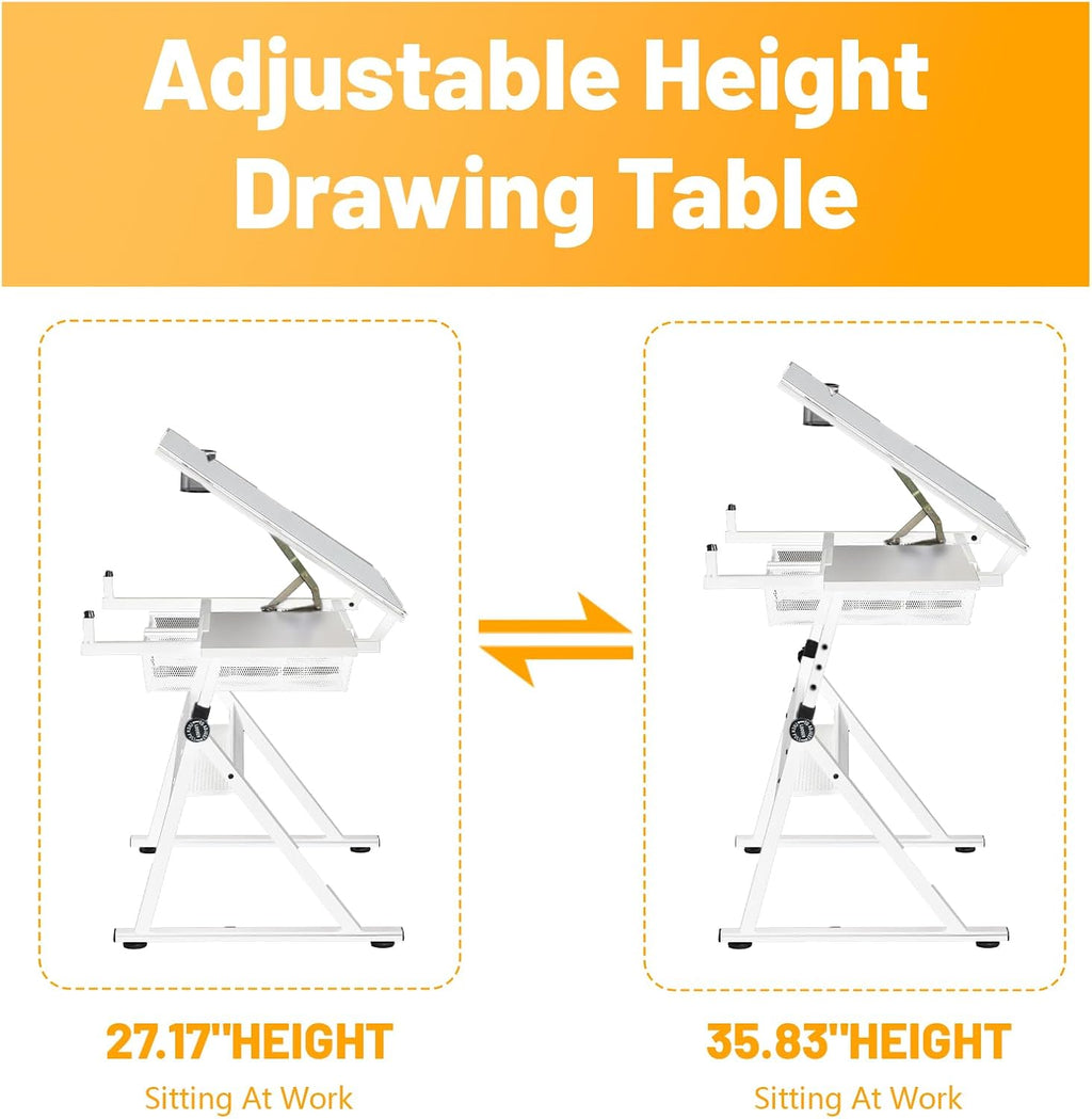 White Drafting Table with Stool, Height Adjustable Art Craft Desk with Tilting Tempered Glass Tabletop, Expansion Board, Multi-Storage, Drawing Table for Studio, Artists, Home Office, Painters, White