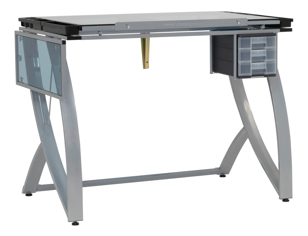 SD STUDIO DESIGNS Futura Luxe Drawing, Drafting, Craft Table with Drawer, 35" Wide Angle Adjustable Top and Side Shelf, Pewter Grey/Clear Glass