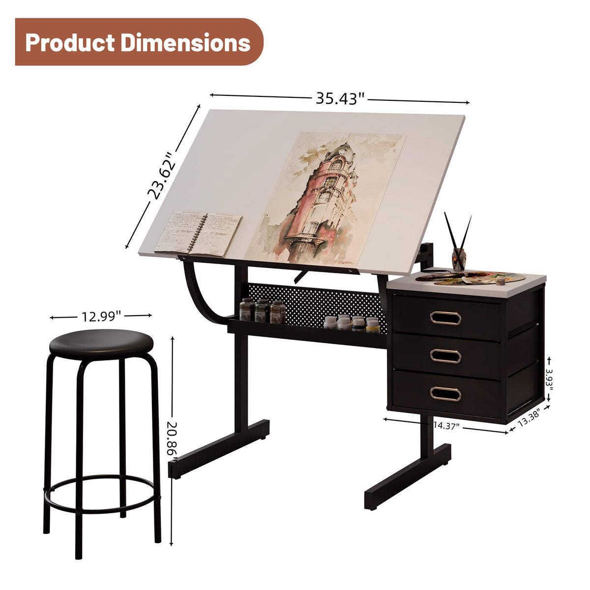 Drafting Table and Stool Set for Adults/Artists, Drawing Table with Adjustable Tabletop and Height, Art Workstation for Painters Crafting Reading Writing Home Office, All White