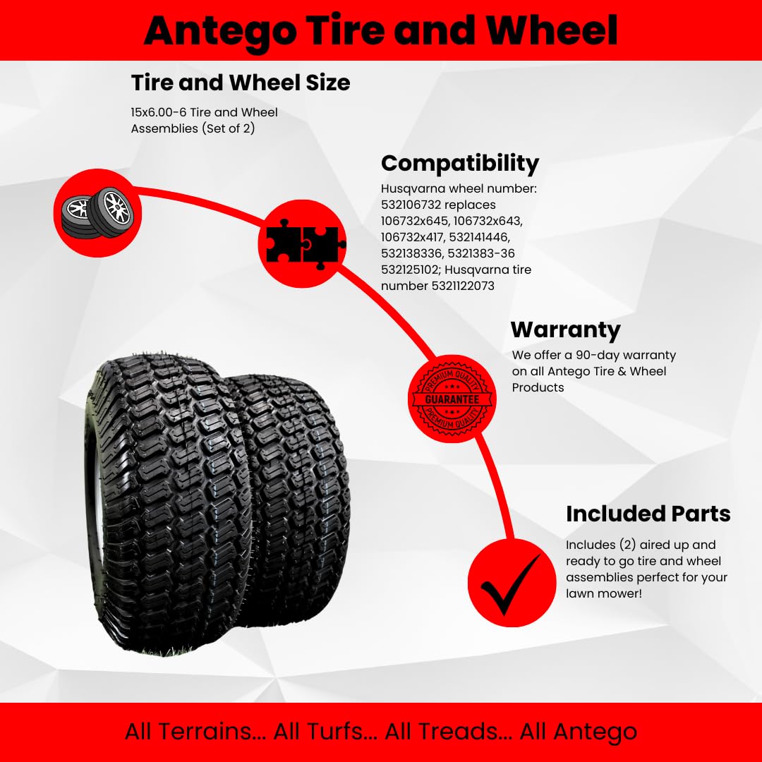 Antego 15x6.00-6 Tire & Wheel for Husqvarna/Poulan, 532106732, Set of 2