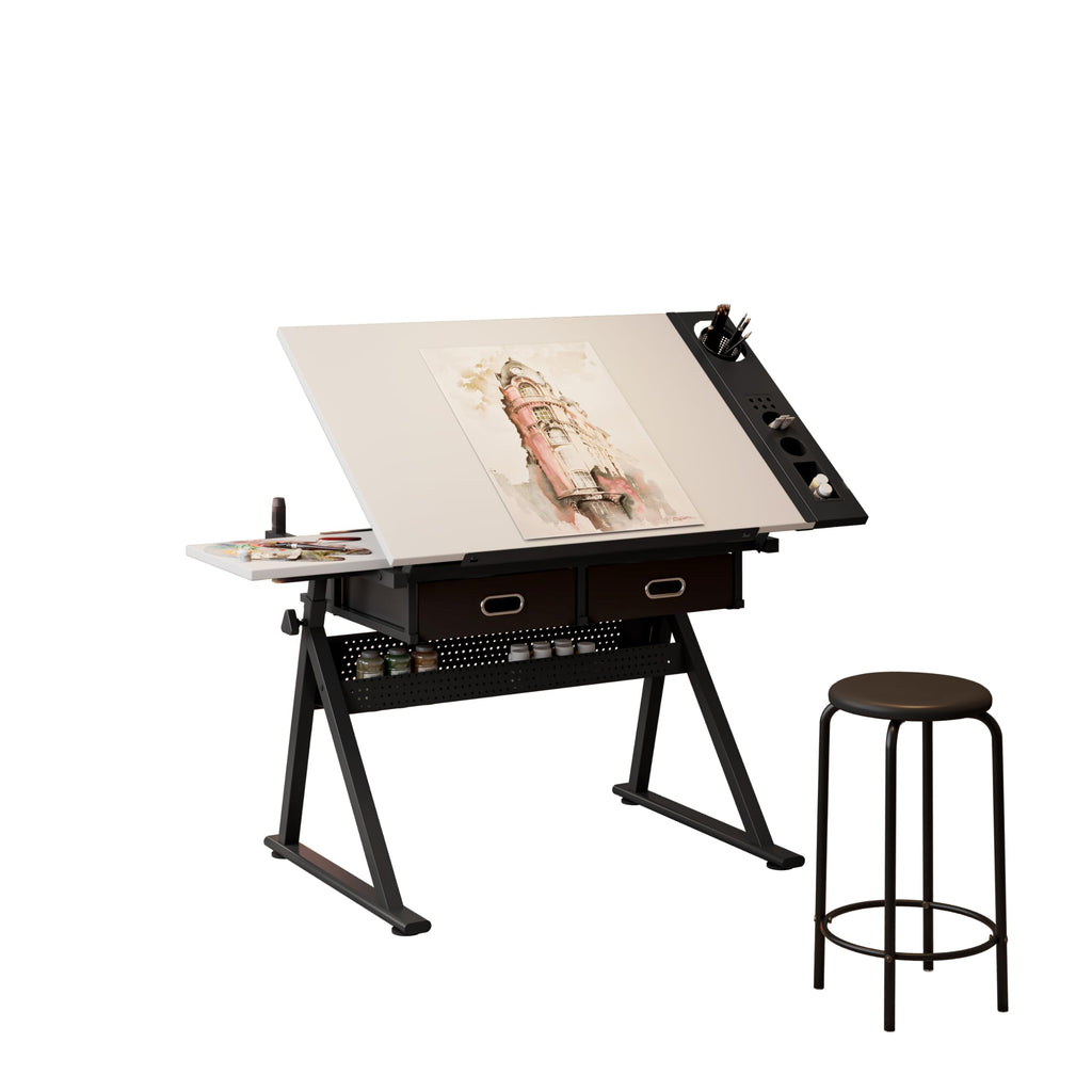 White Drafting Table with Stool, Height Adjustable Art Craft Desk with Tilting Tempered Glass Tabletop, Expansion Board, Multi-Storage, Drawing Table for Studio, Artists, Home Office, Painters, White