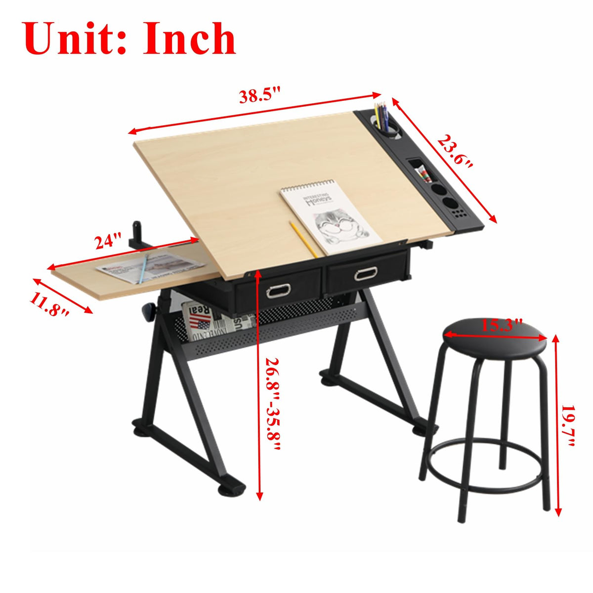 Drafting Table, Height Adjustable Art Table with Stool,T1-All White