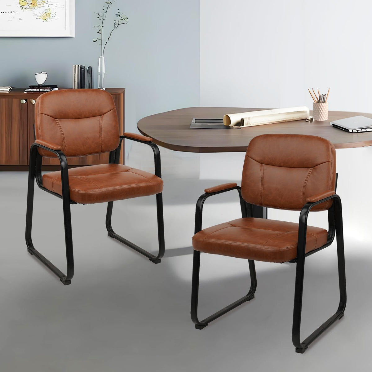 CLATINA Waiting Room Guest Chair with Bonded Leather Padded Arm Rest for Office Reception and Conference Desk Black with Sled Base Brown 1 Pack