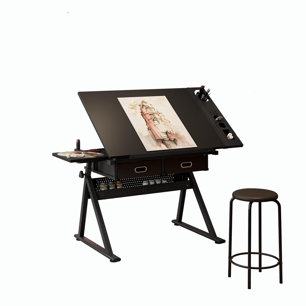 White Drafting Table with Stool, Height Adjustable Art Craft Desk with Tilting Tempered Glass Tabletop, Expansion Board, Multi-Storage, Drawing Table for Studio, Artists, Home Office, Painters, White