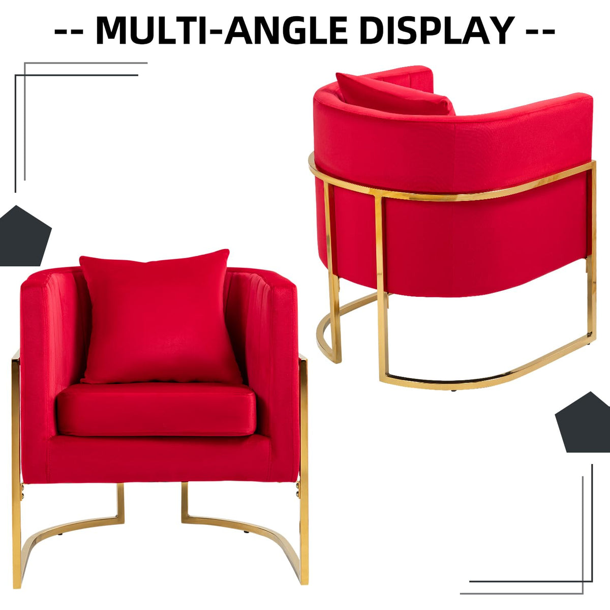 Velvet Accent Barrel Chairs Set of 2, Modern Arm Club Chair Set with Pillow for Living Room/Bedroom/Guest Reception, Channel Tufted, Gold Finish Base, Orange