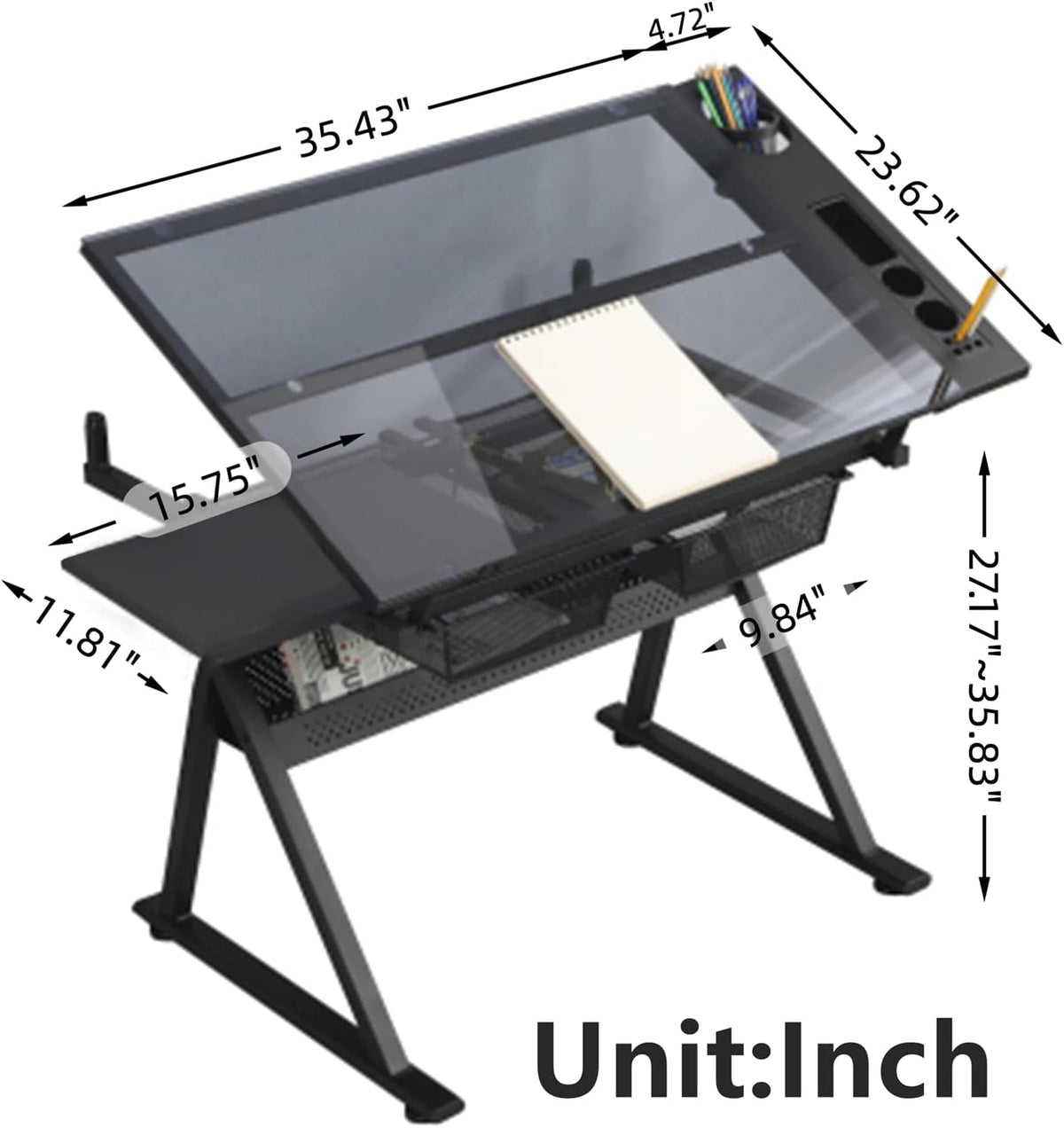 Drafting Table, Adjustable Height Drawing Table Art Table Painting Table Art Craft Desk with 0-75Â° Tilting Glass Tabletop and Storage Drawers, Black
