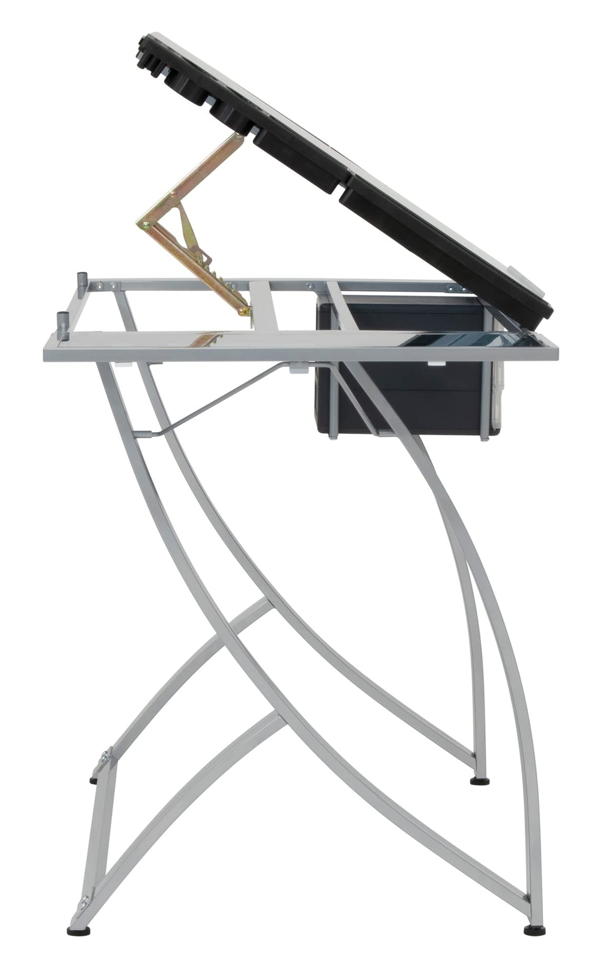 SD STUDIO DESIGNS Futura Luxe Drawing, Drafting, Craft Table with Drawer, 35" Wide Angle Adjustable Top and Side Shelf, Pewter Grey/Clear Glass