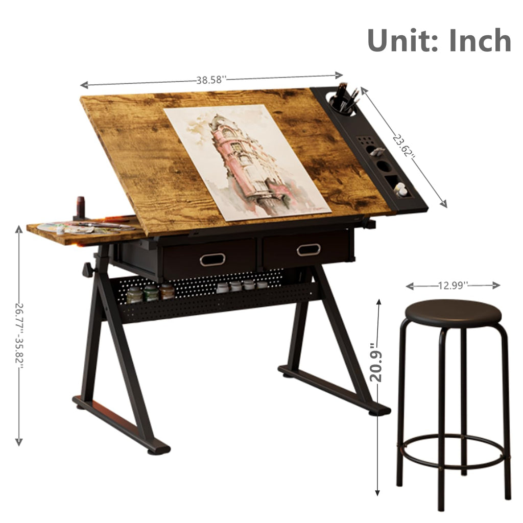 Drafting Table, Height Adjustable Art Table with Stool,T1-All White