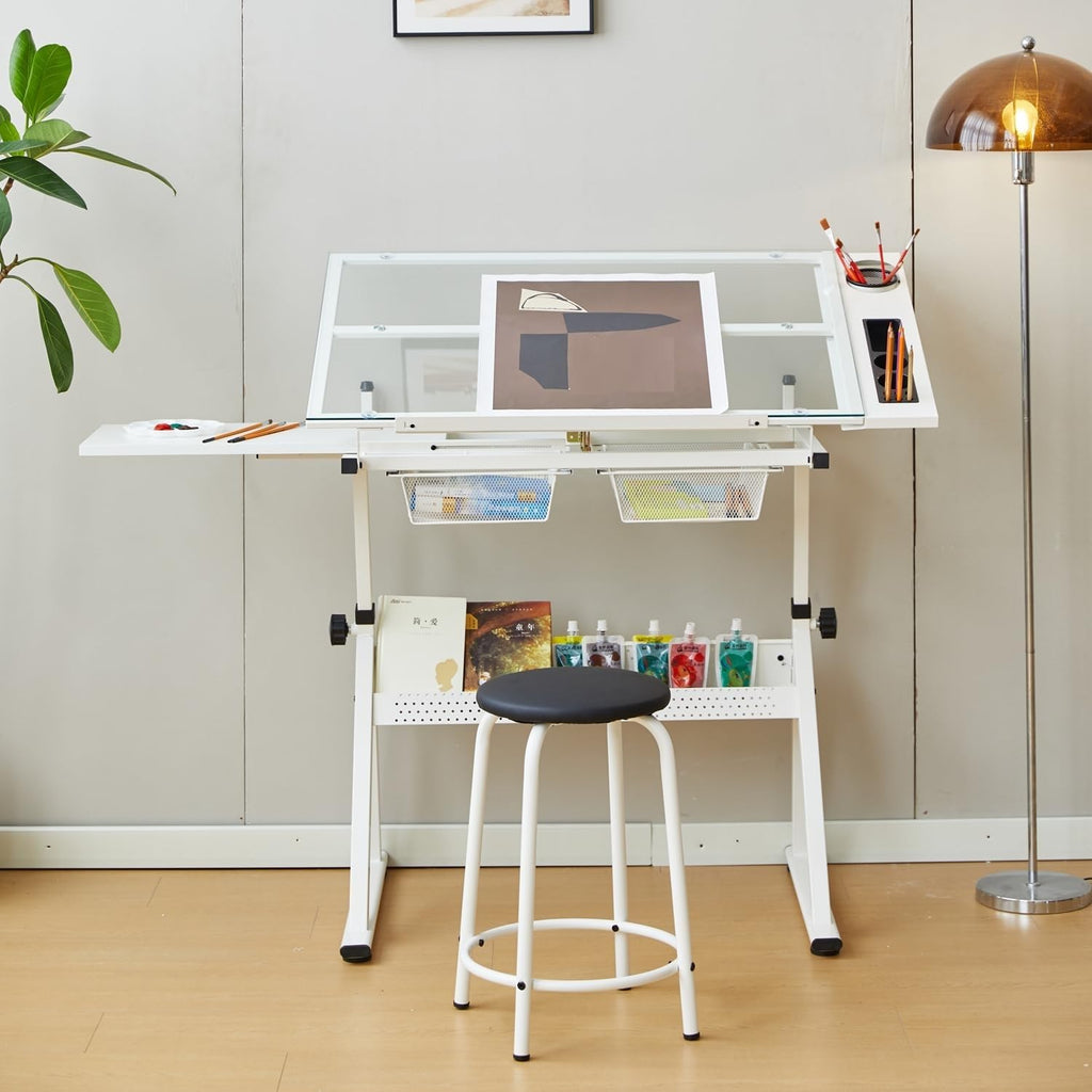 GarveeHome Drafting Table w/Stool, Height Adjustable Multifunctional Art Craft Artists Desk Tilting Glass Tabletop Diamond Paintings Work Station w/2 Storage Drawers for Home Office (Black-1)