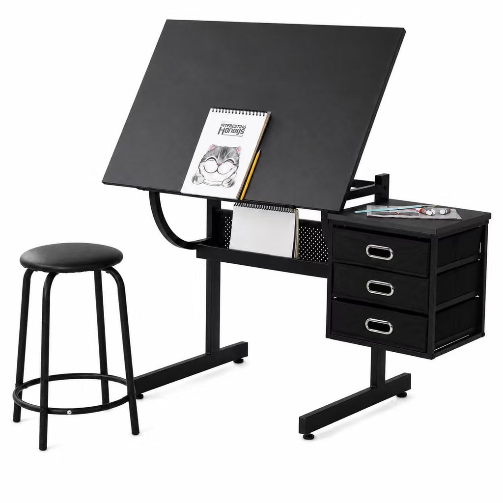 Drafting Table and Stool Set for Adults/Artists, Drawing Table with Adjustable Tabletop and Height, Art Workstation for Painters Crafting Reading Writing Home Office, All White