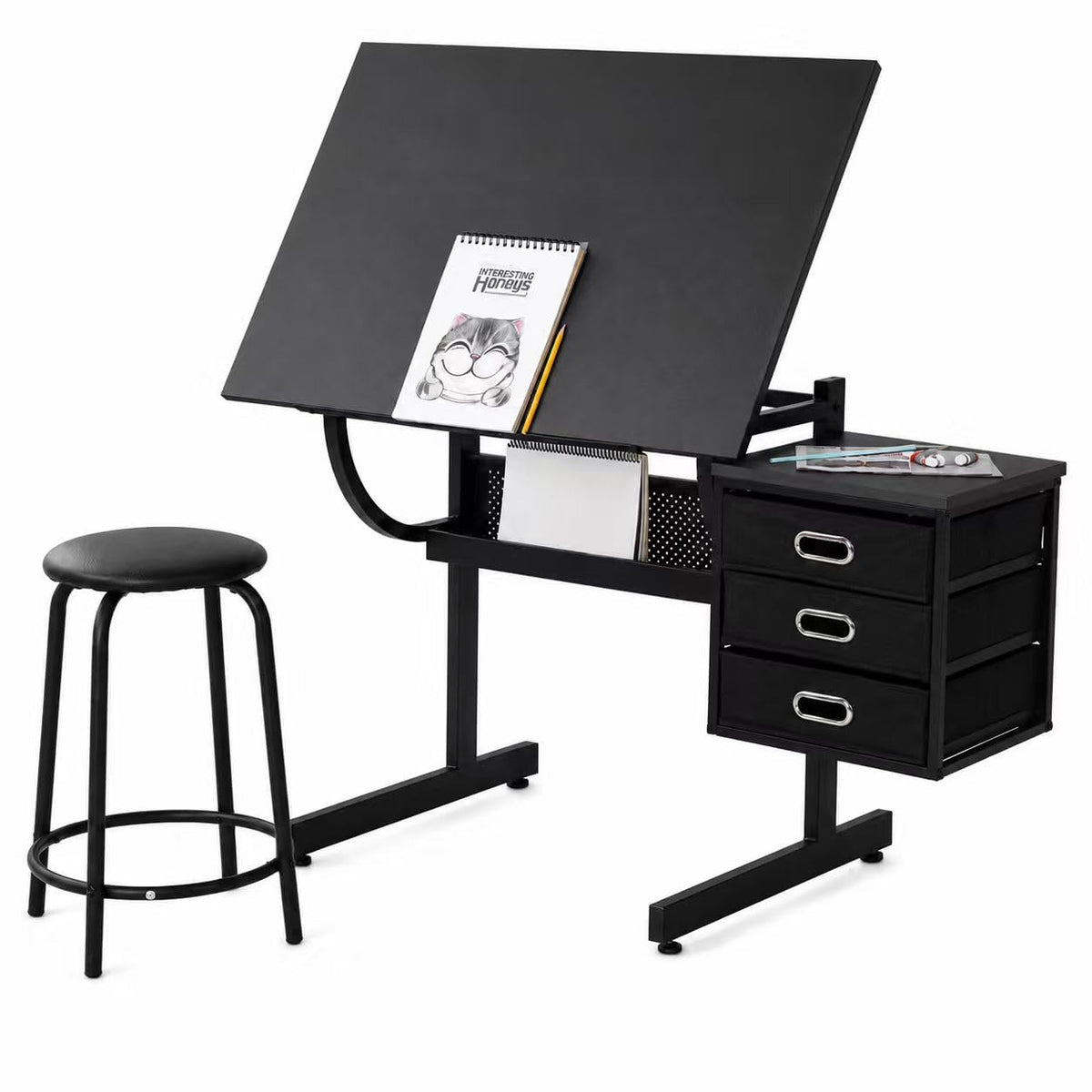Drafting Table and Stool Set for Adults/Artists, Drawing Table with Adjustable Tabletop and Height, Art Workstation for Painters Crafting Reading Writing Home Office, All White